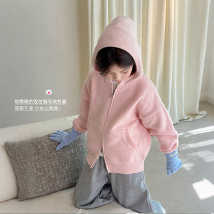 亲子/柒号童仓女大童洋气粉色毛衣外套秋冬装儿童韩系连帽针织衫