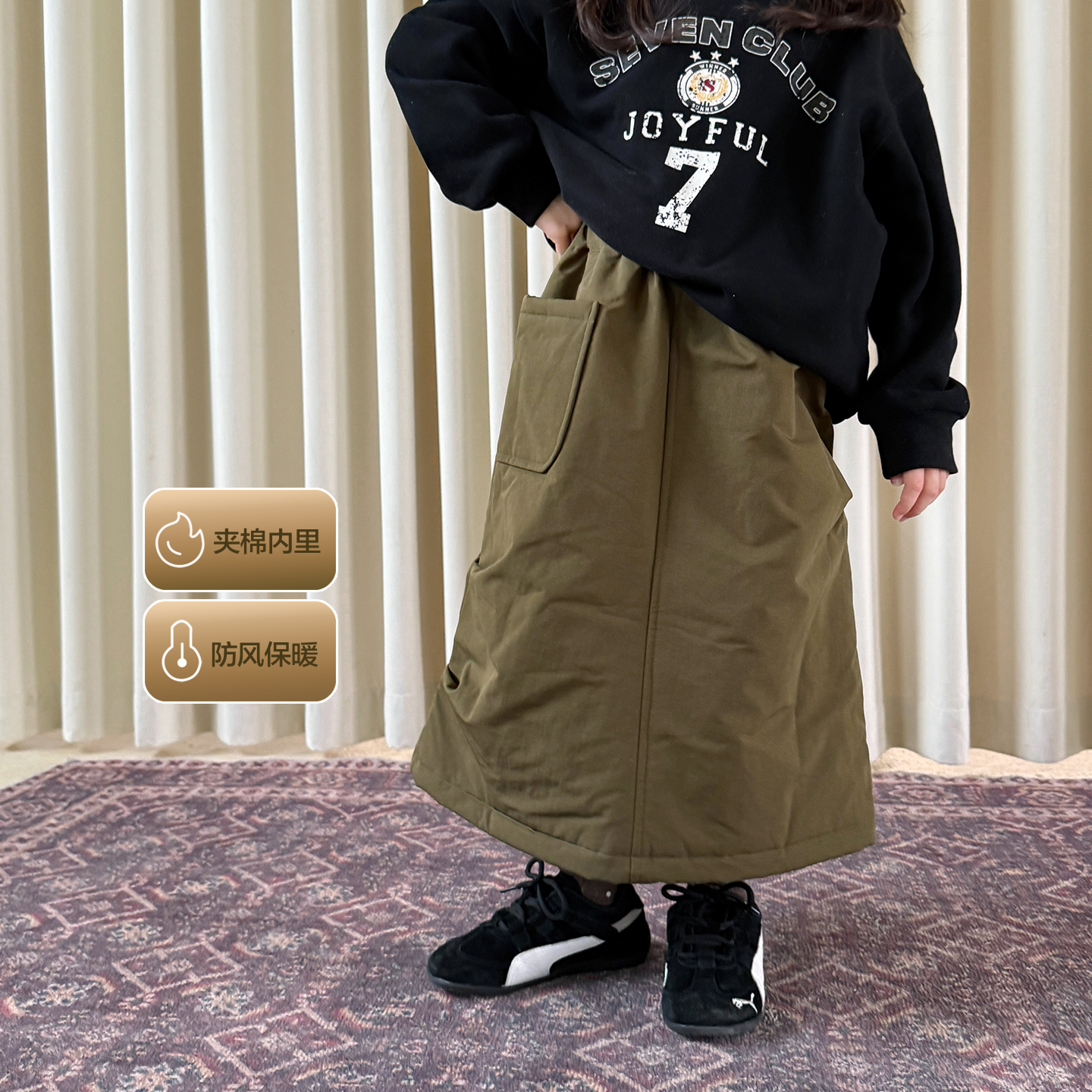 柒号童仓女大童纯色工装裙半身裙秋冬装新款儿童百褶松紧腰短裙潮