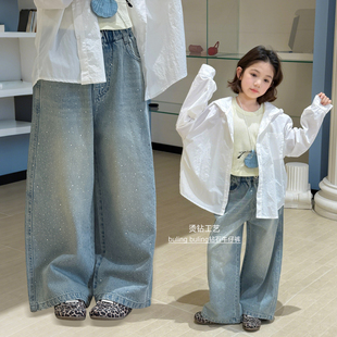 新款 春装 柒号童仓女大童满天星烫钻牛仔裤 满钻爆闪阔腿裤 亲子