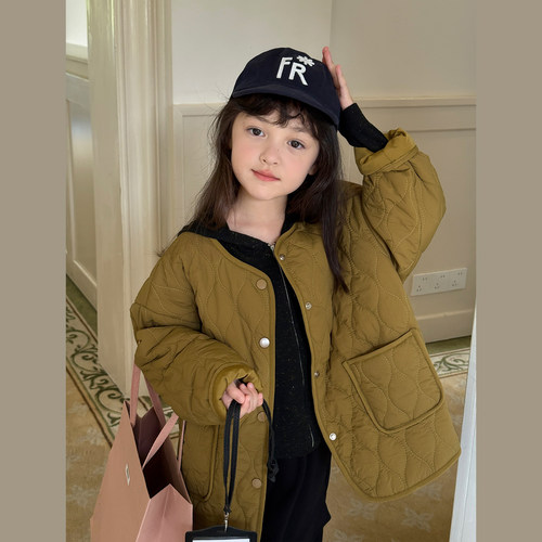 柒号童仓女大童韩版洋气菱格棉服冬装新款儿童保暖棉袄咸菜绿外套
