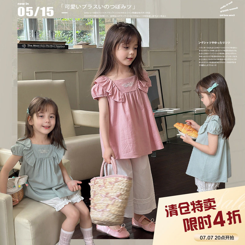 柒号童仓女童韩版洋气方领衬衫夏装新款儿童刺绣小飞袖休闲上衣潮图片