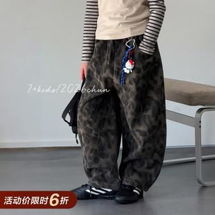 【亲子】柒号童仓女大童美式豹纹哈伦裤春装新款儿童帅气休闲裤