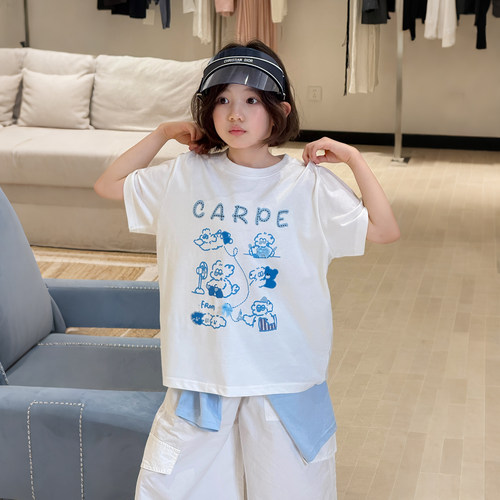 【亲子】柒号童仓女大童韩版卡通短袖T恤夏装新款儿童宽松上衣潮