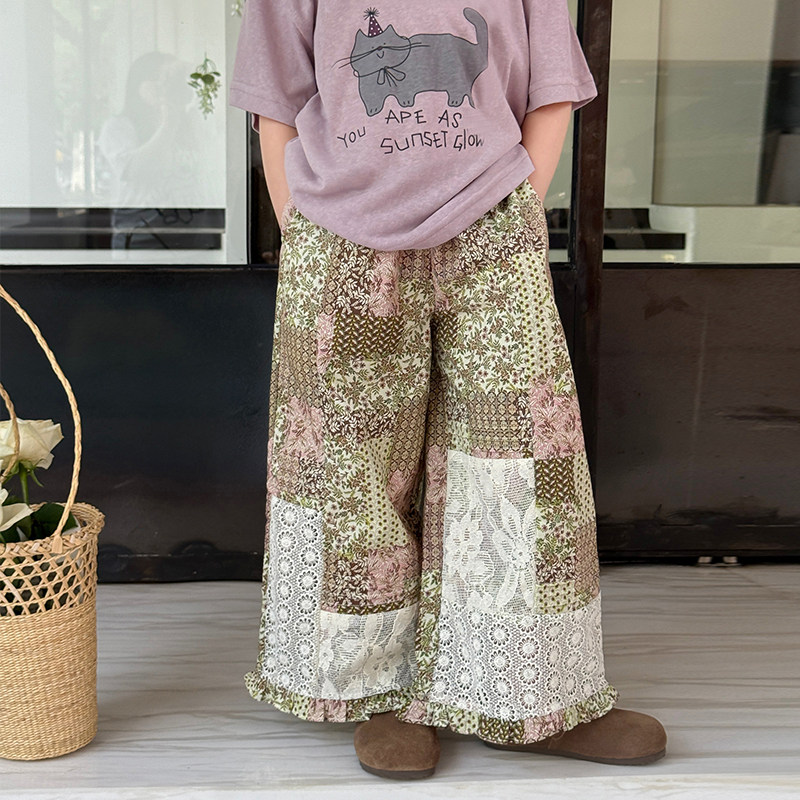 柒号童仓女大童韩版设计感宽松休闲裤夏装新款拼色刺绣直筒裤潮