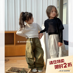 柒号童仓女童韩版时髦假两件T恤春装新款儿童休闲字母长袖上衣潮