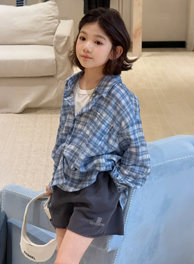 【亲子】柒号童仓女大童韩系轻薄蓝色格子衬衫夏装儿童防晒上衣潮