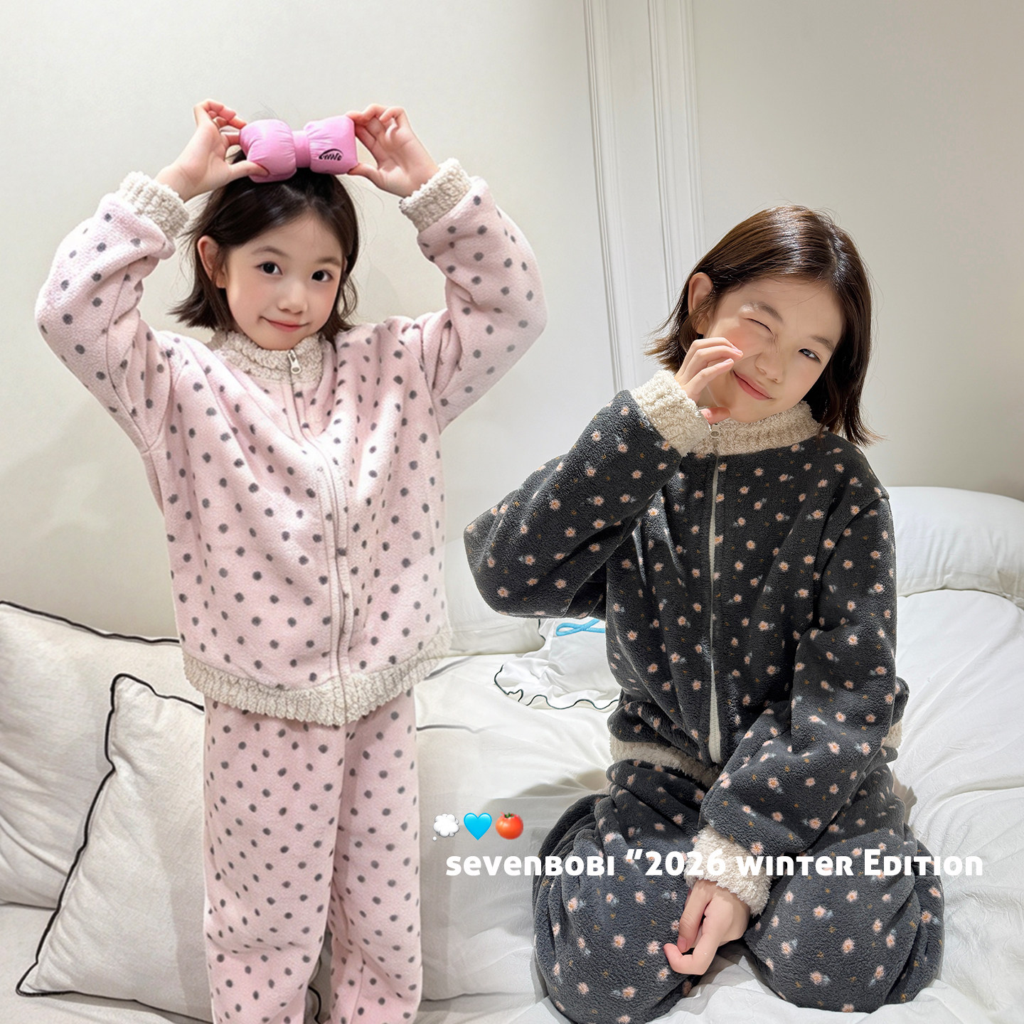 亲子/柒号童仓女大童韩系满印毛绒家居服套装冬装儿童保暖两件套