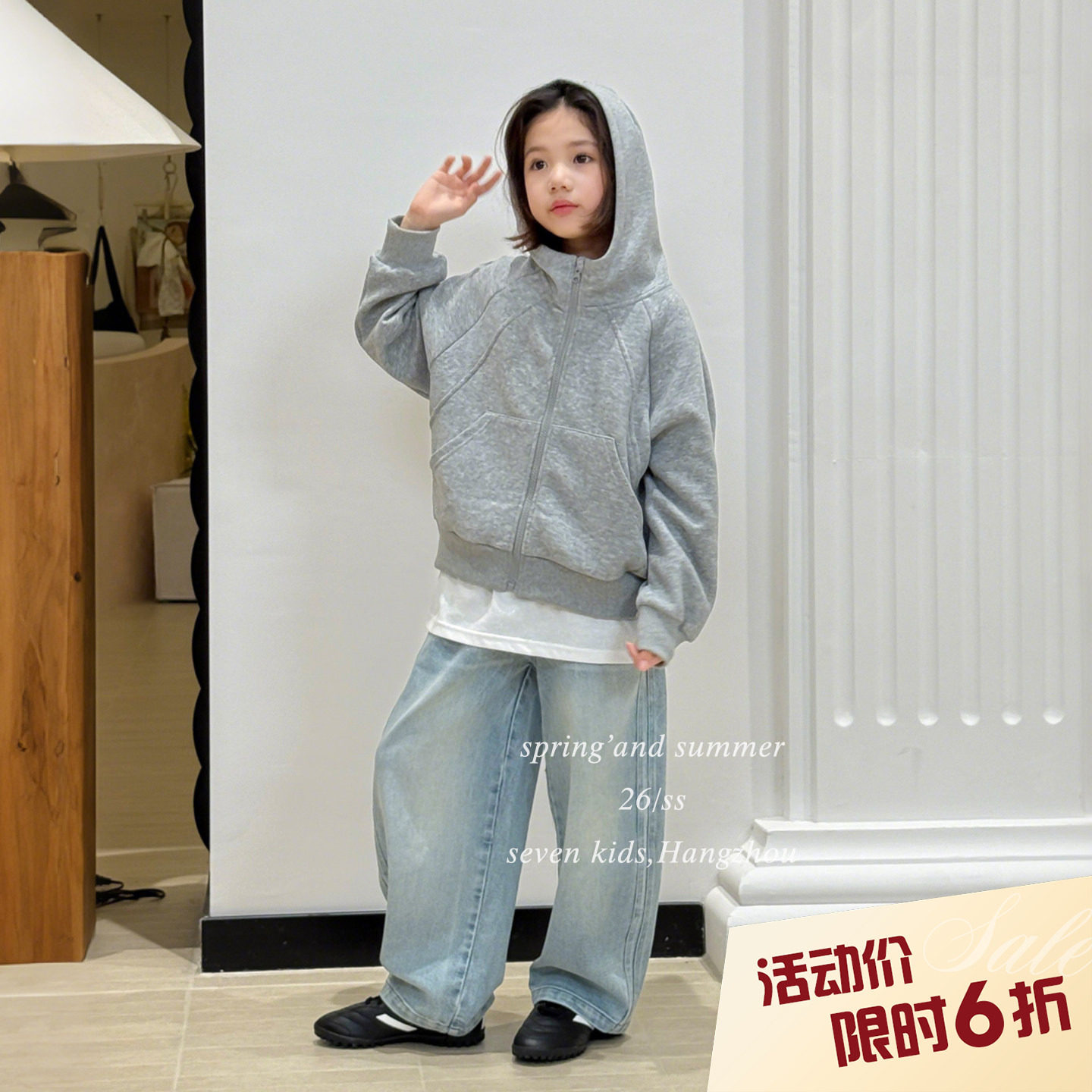 【亲子】柒号童仓女大童韩版灰色连帽拉链外套春装新款卫衣开衫潮图片