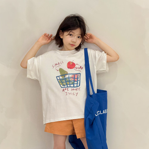柒号童仓女大童清新水果印花短袖T恤夏装新款儿童百搭宽松上衣潮