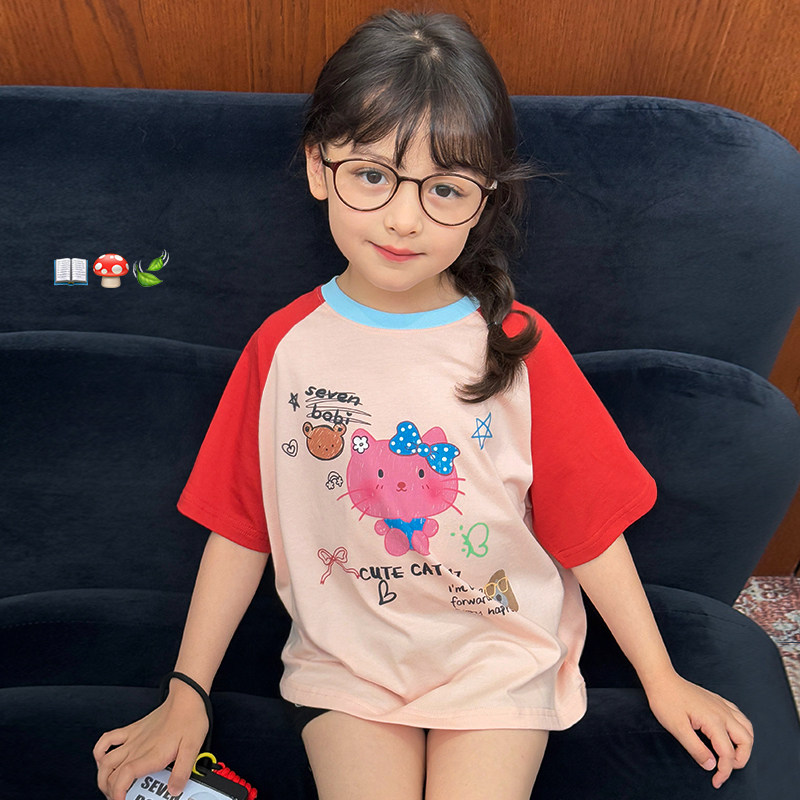 柒号童仓女大童韩版卡通插肩袖T恤夏装新款儿童圆领撞色短袖上衣,童装/婴儿装/亲子装,T恤,淘宝优惠券,粉丝福利购,淘宝优惠卷