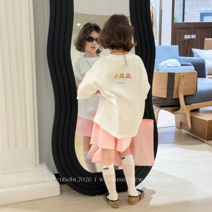 亲子/柒号童仓女大童韩系宽松短袖T恤粉色短裤夏装儿童时髦两件套