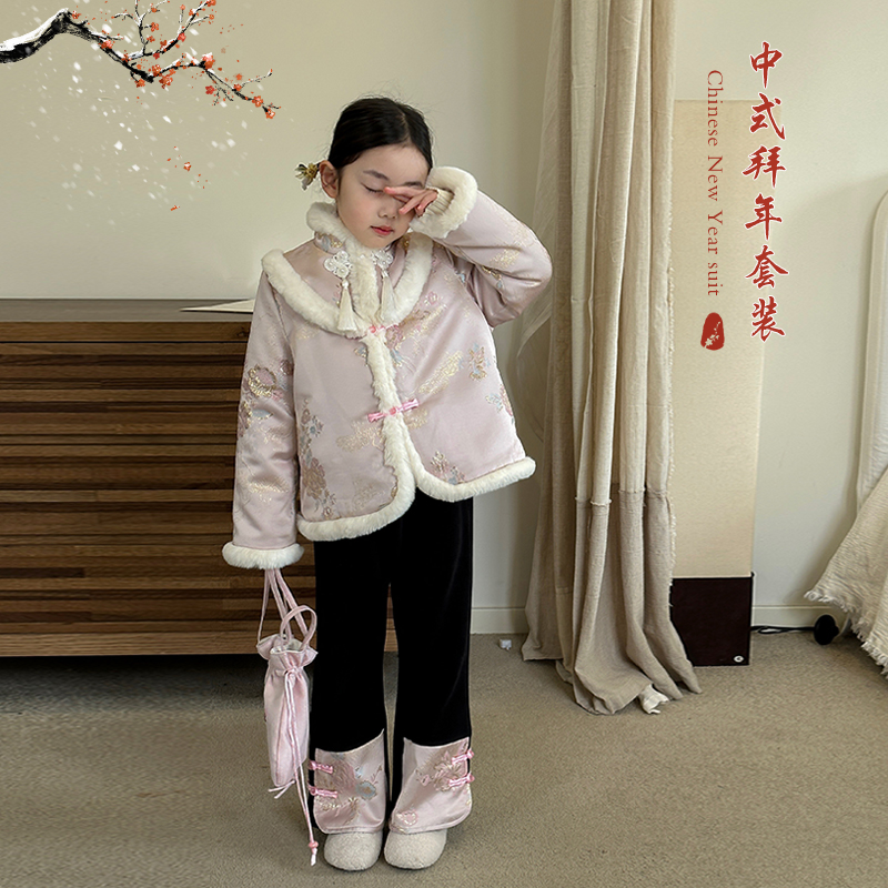柒号童仓中大童国风年服套装冬装新款女童盘扣中式棉服喇叭裤潮