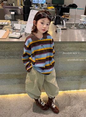 亲子/柒号童仓女大童韩系撞色翻领卫衣秋装新款儿童POLO领长袖T恤