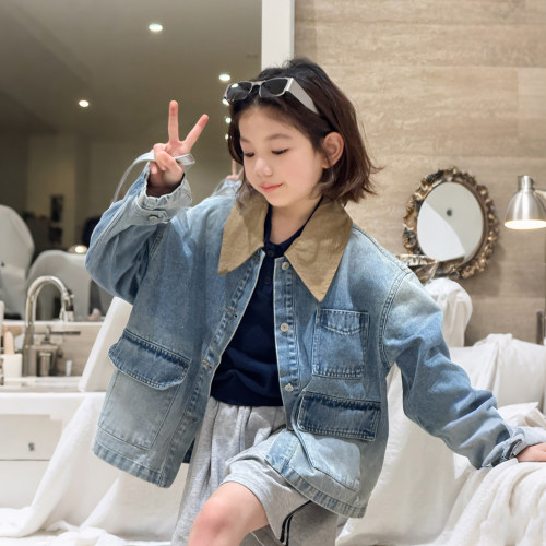 【亲子】柒号童仓女大童复古水洗牛仔外套春装新款洋气宽松上衣潮