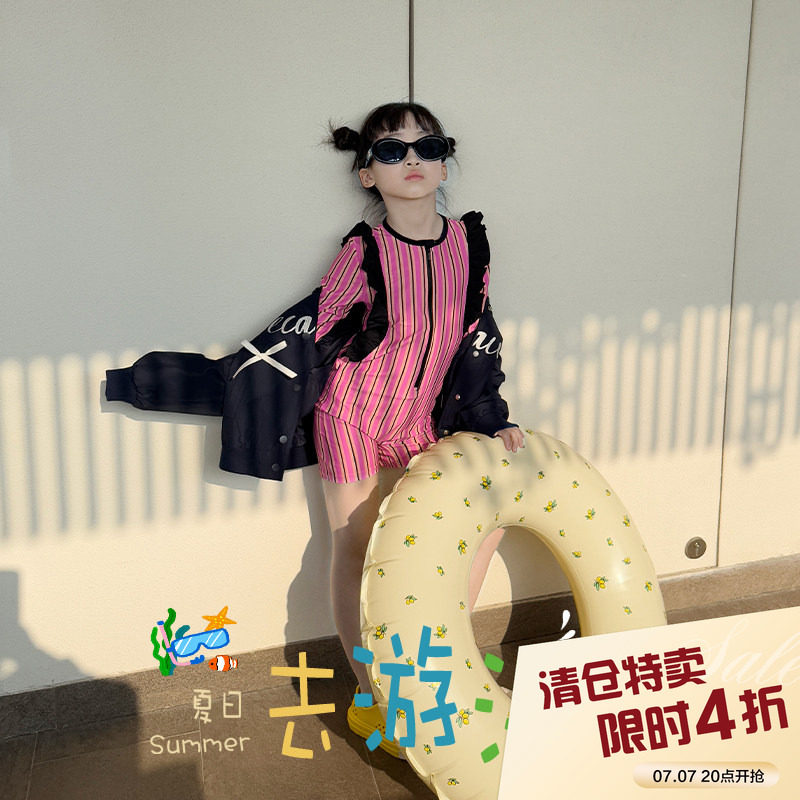 柒号童仓女大童韩版条纹连体泳衣夏装新款海边温泉游泳衣连体衣潮