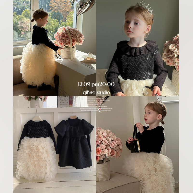 柒号童仓女童法式重工高级感连衣裙中大童新款儿童蓬蓬公主裙纱裙