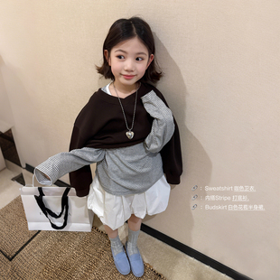 柒号童仓女大童韩版 春装 新款 儿童v领卫衣短裙T恤 洋气百搭卫衣套装