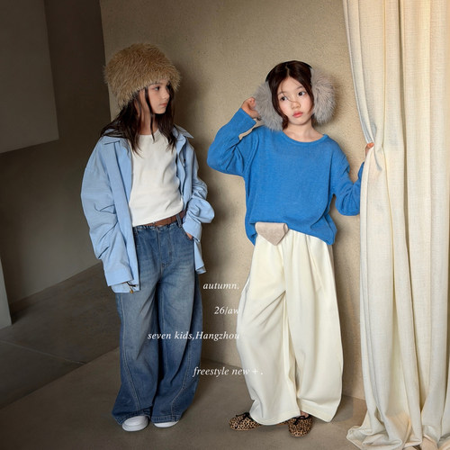 亲子/柒号童仓女大童时尚简约针织衫秋装新款儿童洋气松弛感毛衣