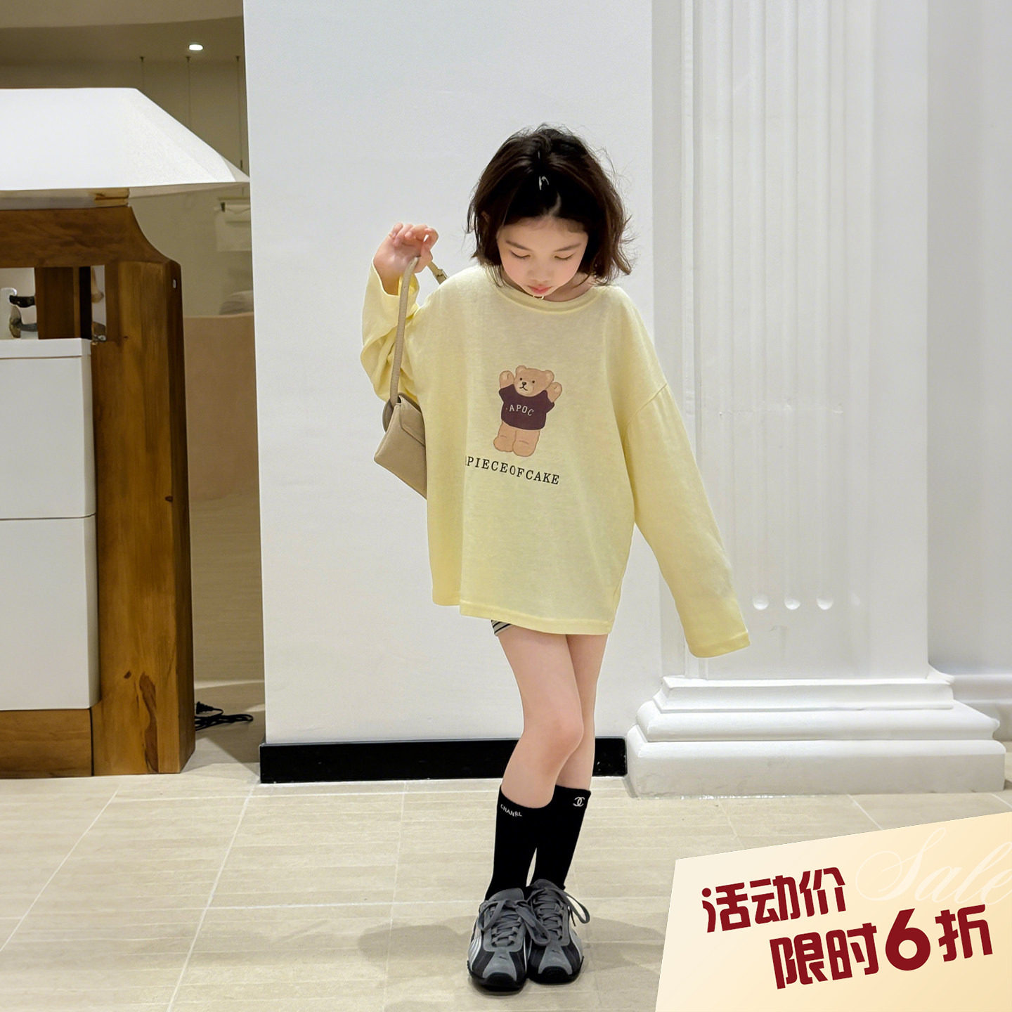 柒号童仓女大童韩版小熊印花长袖T恤夏装新款儿童洋气条纹短裤潮图片