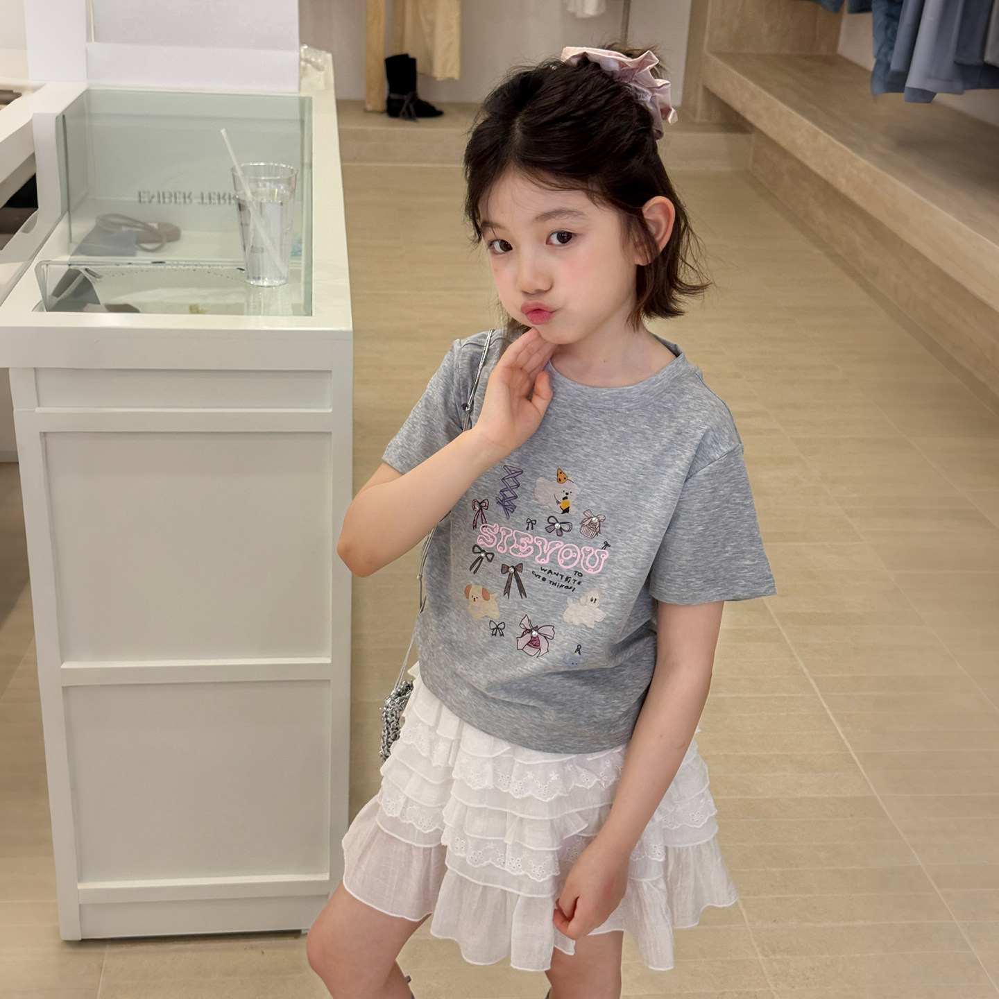 柒号童仓女大童韩系可爱印花短袖T恤夏装新款儿童圆领正肩上衣 - 实物图