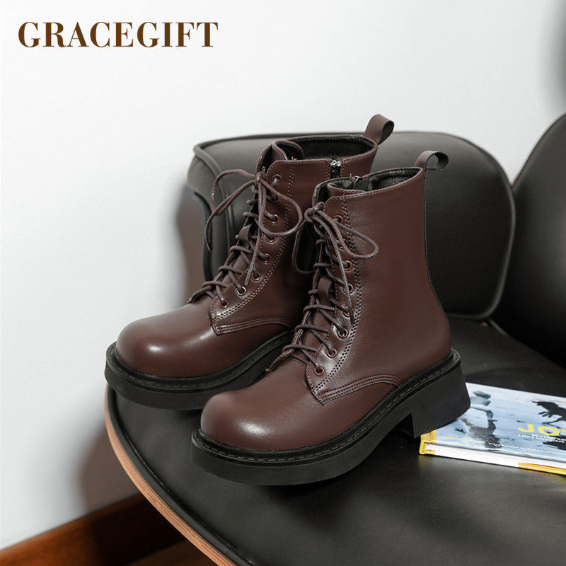 Grace gift短筒马丁靴女秋冬新款时尚百搭内拉链靴子圆头厚底短靴