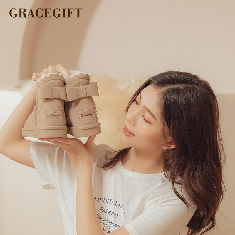 grace gift新款雪地靴女可爱甜美蝴蝶结加绒保暖棉鞋女防滑女靴子