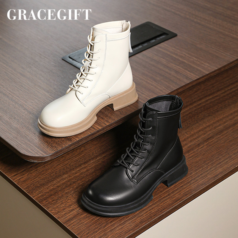 Grace gift英伦风马丁靴女秋冬新款简约百搭休闲靴子增高厚底短靴
