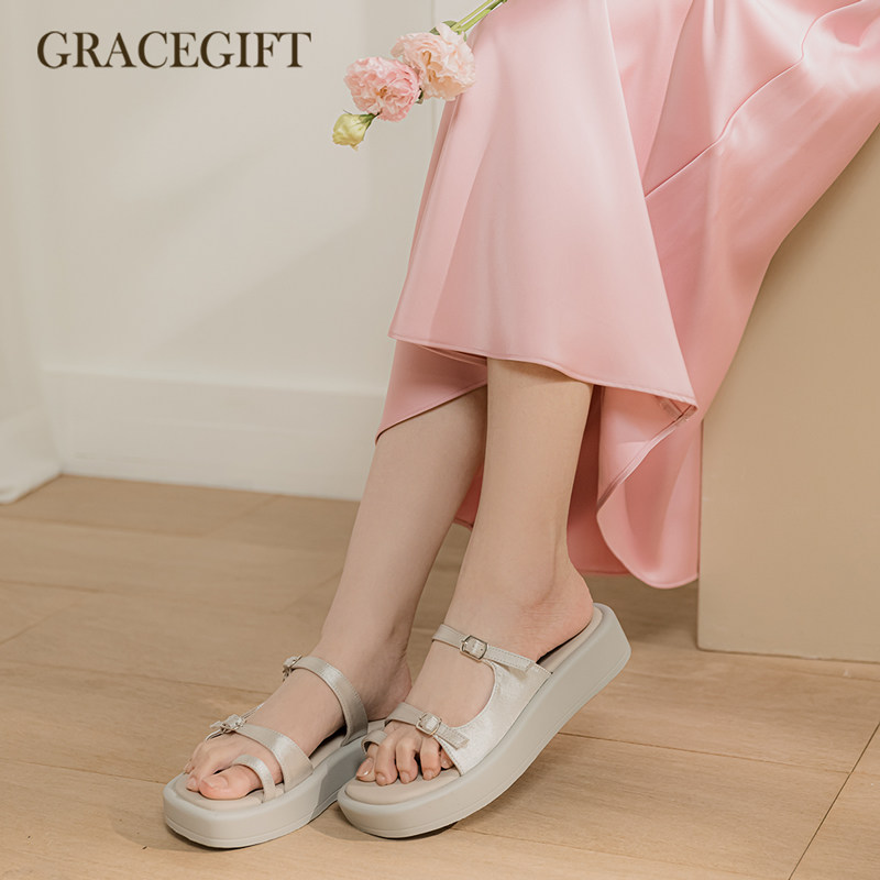 Grace gift厚底拖鞋女夏季新款夹趾外穿一字带软底拖鞋灰色单鞋女