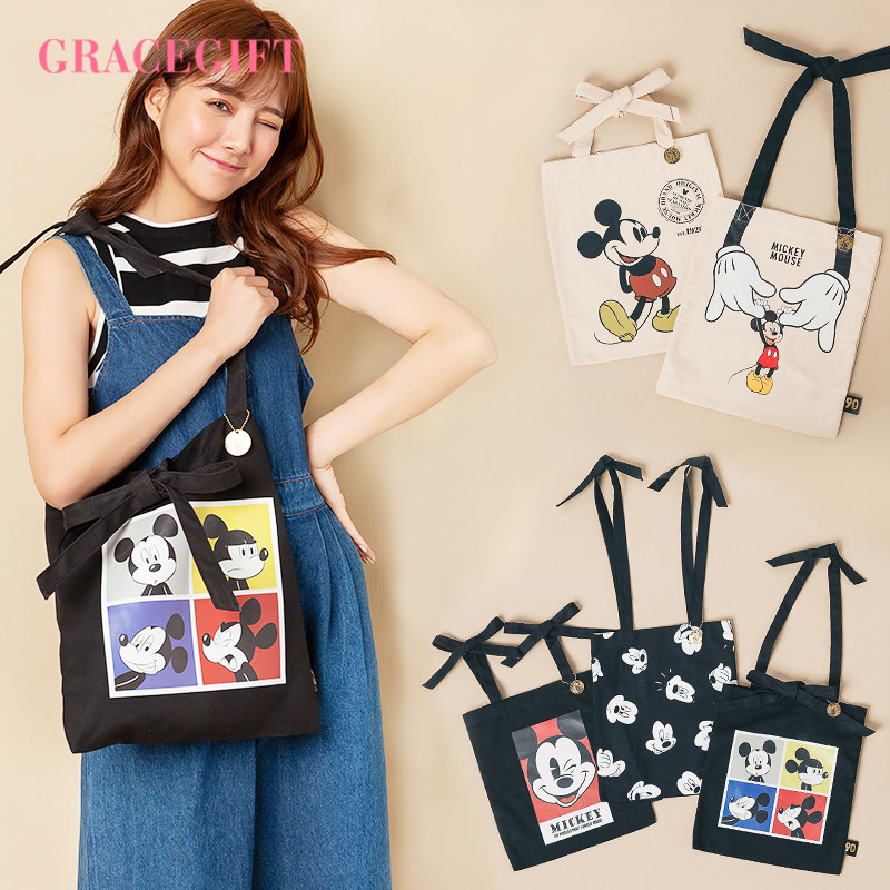 grace gift卡通质感童趣印花休闲帆布包女单肩手提购物袋托特包包