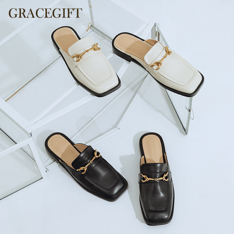 grace gift穆勒鞋女外穿方头马衔扣半拖鞋气质中性风平底半包女鞋