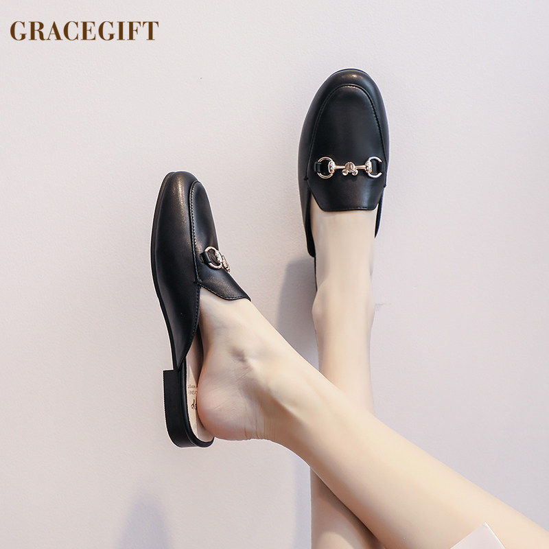 grace gift百搭单鞋女低跟包头平底鞋女休闲气质穆勒鞋外穿拖鞋