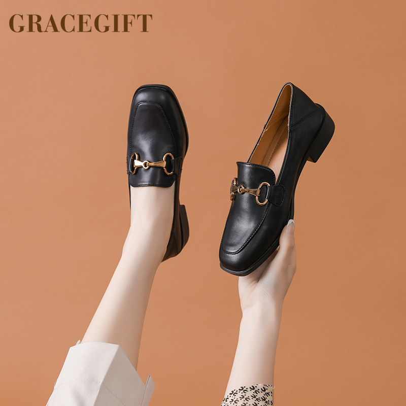 grace gift新款方头粗跟乐福鞋女经典马衔扣平底一脚蹬