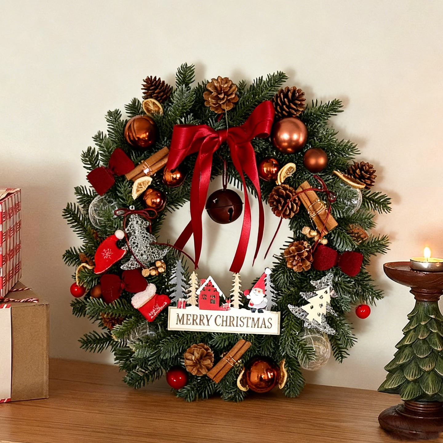 2025新款客厅圣诞节装饰花环门挂礼物墙面场景装饰布置圣诞花环