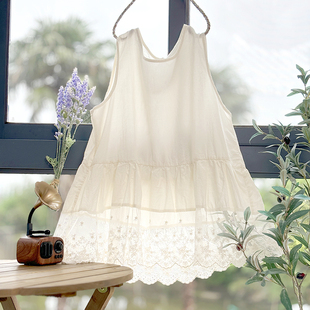 内搭甜美上衣百搭 白色娃娃衫 花边蕾丝裙摆中长款 背心女无袖 打底衫