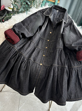 减龄牛仔风衣外套新款加绒加厚棉服韩版潮高腰大摆娃娃裙冬季女