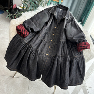 减龄牛仔风衣外套新款加绒加厚棉服韩版潮高腰大摆娃娃裙冬季女