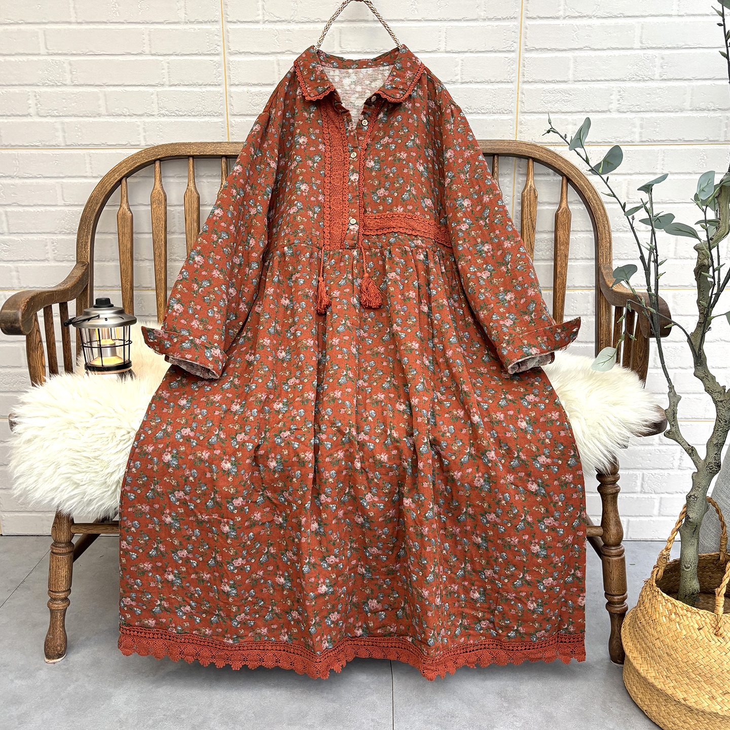 春秋冬文艺复古纯棉收腰印花长袖连衣裙宽松小碎花长款裙子女叠穿