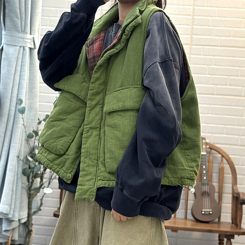 女外穿亚麻马甲夹棉马夹女秋冬季立领纯色无袖坎肩宽松上衣外套