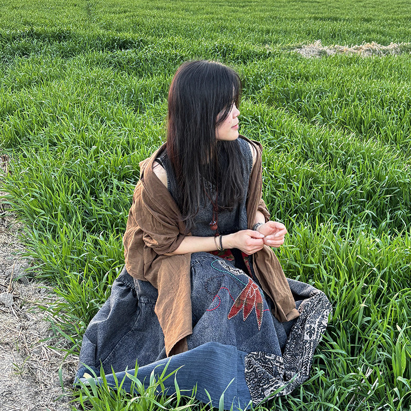 度假森系复古民族风牛仔拼色高腰蓬蓬娃娃大摆裙女宽松背心连衣裙