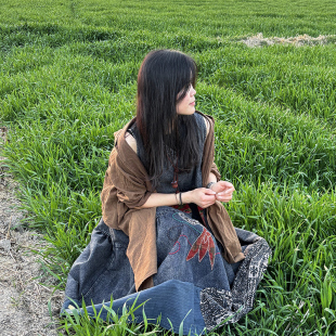 度假森系复古民族风牛仔拼色高腰蓬蓬娃娃大摆裙女宽松背心连衣裙