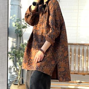 文艺复古民族风亚麻毛边宽松印花长袖连衣裙上衣叠穿春秋女装袍子