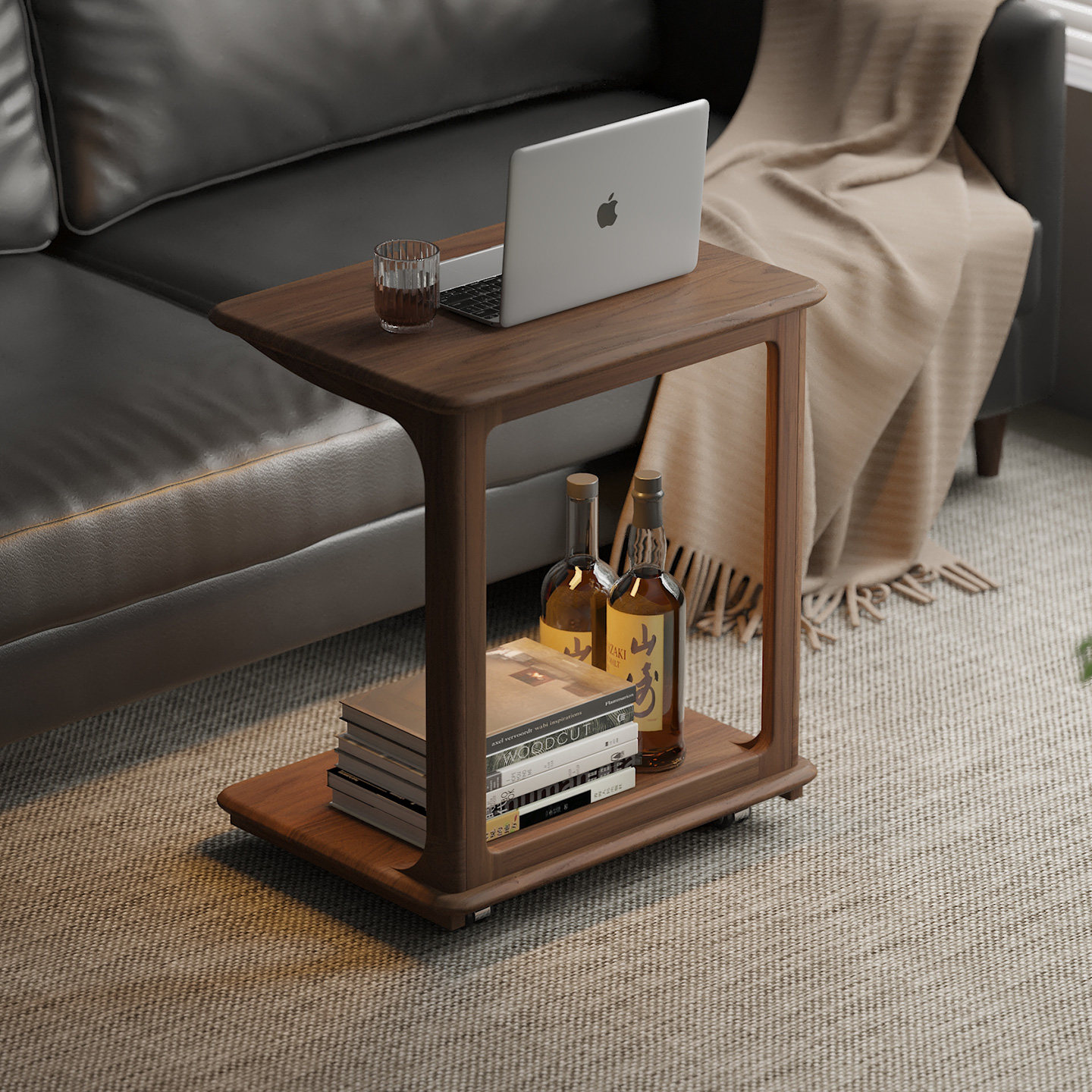 实木移动边几双层储物小茶几客厅沙发床边置物架简约黑胡桃木边桌