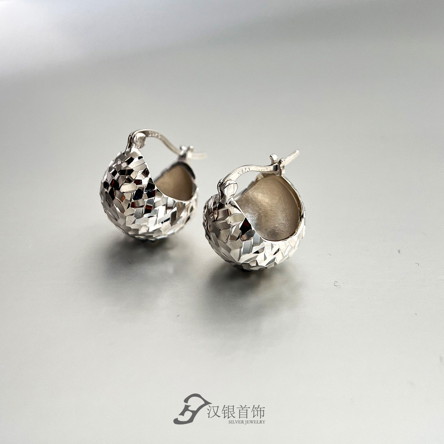 通体S925纯银球形耳环耳钉碎冰爆闪菜蓝子松果耳扣大气时尚礼物女