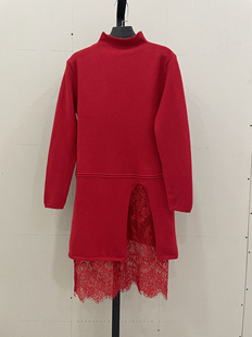中长款蕾丝拼接毛衣裙宽松简约通勤时尚红色休闲针织连衣裙不等式