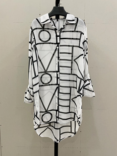 外单薄款透明衬衫两用袖时尚几何图形宽松气质休闲设计感圆摆中长