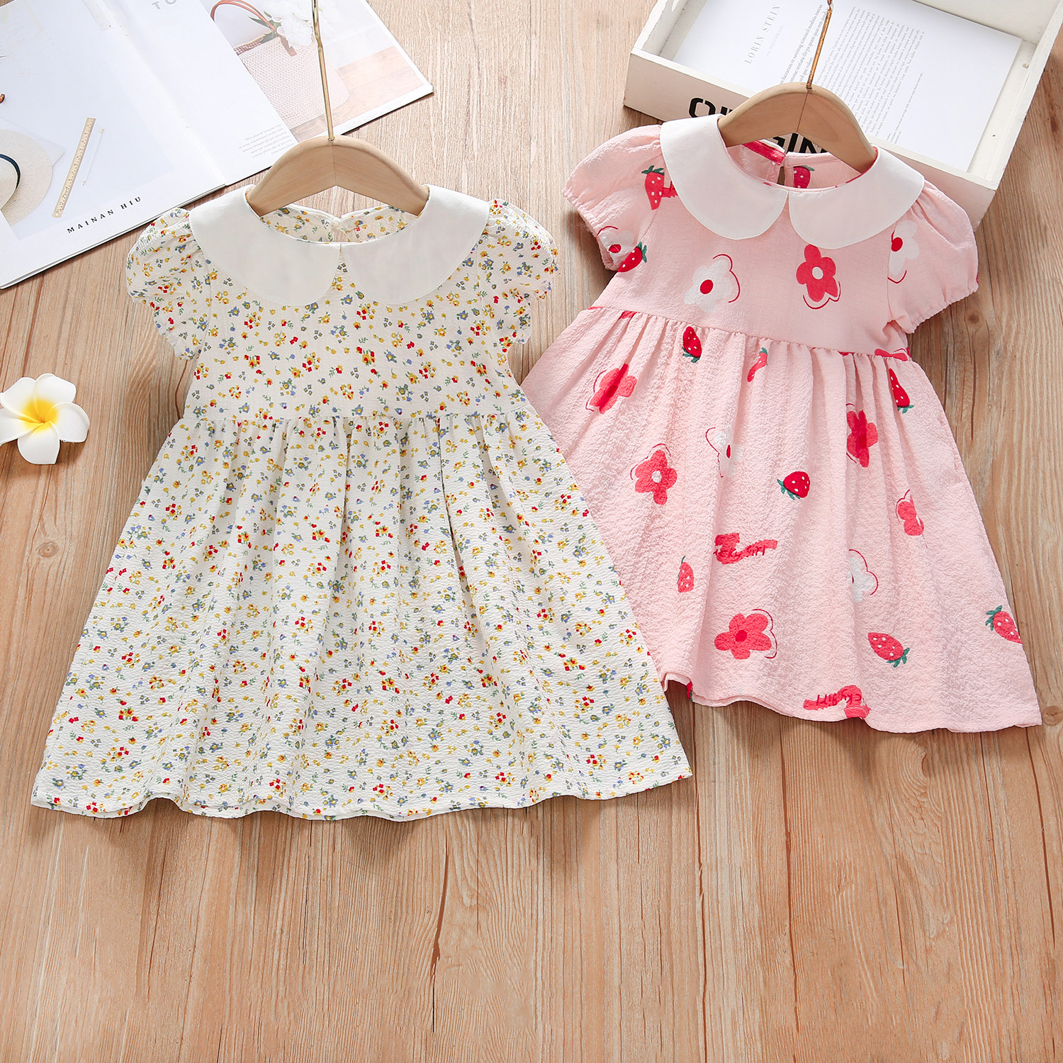 夏季新品女童娃娃领短袖连衣裙灯笼袖碎花印花甜美女宝宝童装裙子