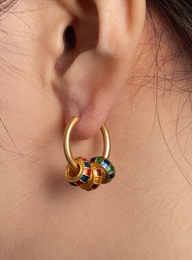 轻奢铜镀18k金时尚甜美感多巴胺多彩圆环耳钉百搭款珐琅滴油耳饰