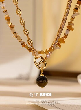 欧美时尚精致虎眼石吊坠项链法式美拉德风叠戴天然石串珠项链秋冬