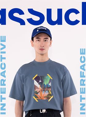 ASSUCH印花宽松件短袖圆领雾霾蓝T恤新疆长绒棉设计师品牌上衣