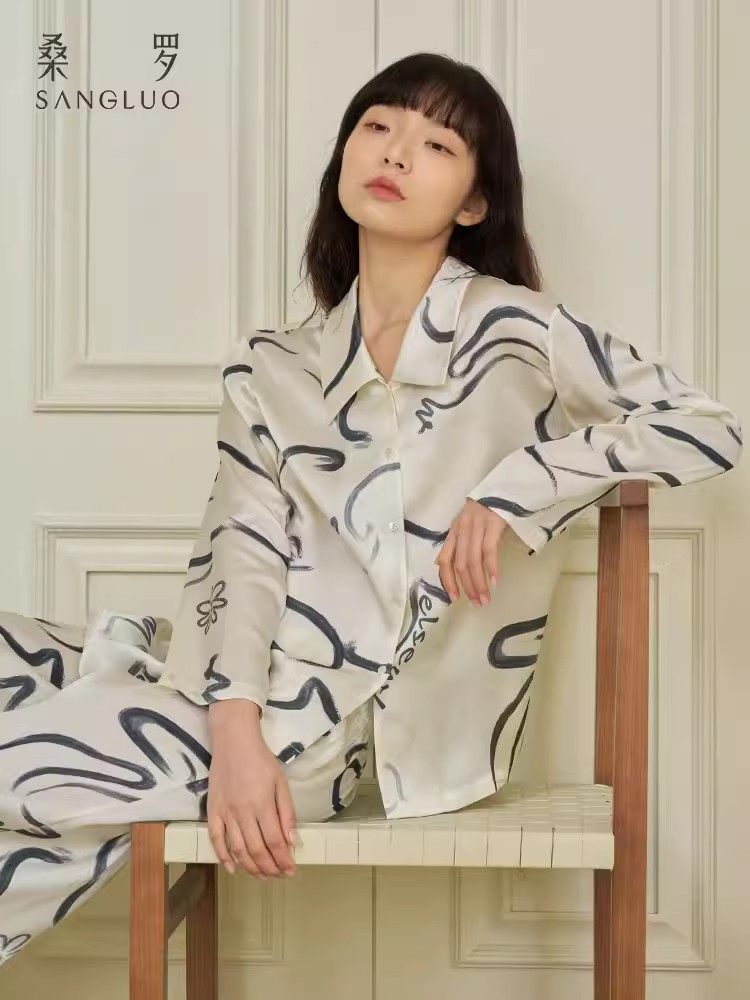 雅.桑罗Sangluo印花真丝睡衣女士可外穿家居服100%桑蚕丝二件套装